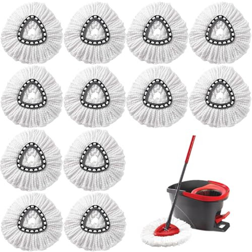 12 testine di ricambio per mocio rotante, bianche, grandi, a 360°, facili da strizzare, 100% microfibra, facili da pulire, pulizia profonda, lavabili in lavatrice per una facile pulizia della casa e