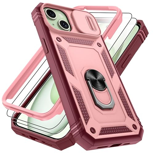 Pilaru 3 in 1 for iPhone 15 Plus Case |With Front Frame| 2 Screen Protector[Separate] & Kickstand Ring & Camera Cover Military Grade Drop Shockproof Protection for iPhone 15 Plus Phone,Pink/Red