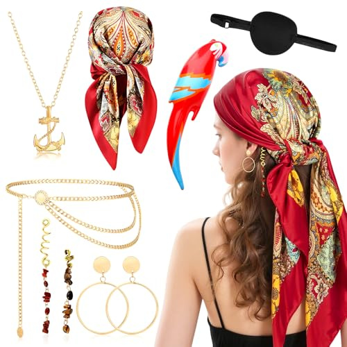 8 Stück Piratenkostüm Damen Zubehör Set, Rotem Kopftuch, Augenklappe Papagei Gürtel Ohrringe Halskette, Seeräuber Kostüm Damen, Piraten Ohrringe Set für Karneval Halloween Motto-Party