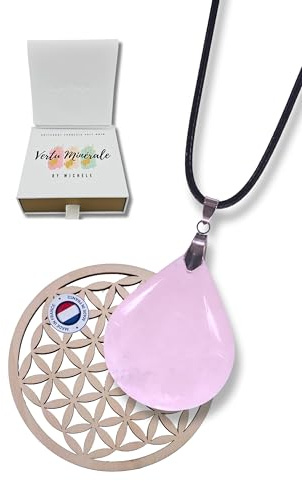 Vertu Minérale PENDENTIF PIERRE NATURELLE VERITABLE & Fleur de Vie en bois de tilleul - Qualité Exceptionnelle - Création Française - Cadeau Femme, fille (Quartz Rose Naturel, Forme Goutte)