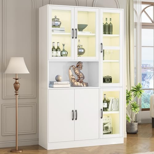Vitrina Blanca,Librerías con Puertas, Estanterías de pie para Libros,Aparador de Cocina Grande,Estantería de Lujo con Luz LED, Vitrina con Estantes,para Sala de Estar Dormitorio