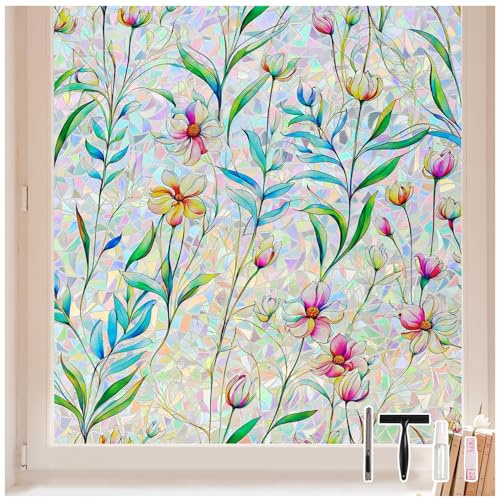 LEMON CLOUD Film Fenetre Anti Regard, Occultant Electrostatique Intimité Vitre, Motif Effet Arc-en-CIE Floral, Opaque Anti UV pour Chambre Cuisine Maison, 44,5 x 400 CM