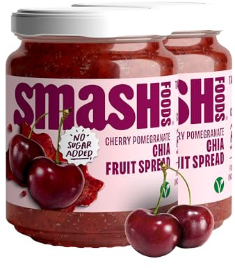 Chia Smash Cherry Pomegranate Jam | Low-Calorie, No Sugar Added Keto Jam with Upcycled Fruit & Chia Seeds | Vegan, Paleo Superfood Fruit Spread (2 Jars)
