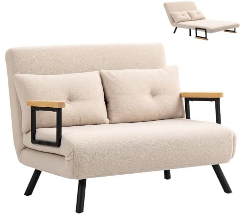 HOMCOM 2-Sitzer-Sofa, klappbar, mit Samt bezogen, mit 5 verstellbaren Rückenlehnen und gepolsterten Kissen, für Büro, Schlafzimmer, Wohnzimmer, 102 x 73 x 81 cm, Beige