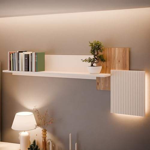 Forte Oak SQUERE Wandregal mit Ablage 190, Elegantes Wandregal mit Beleuchtung, Holzwerkstoff, Mauvella Eiche Holzdekor/Sand, 187,4 cm breit x 77,6 cm hoch x 21,9 cm tief