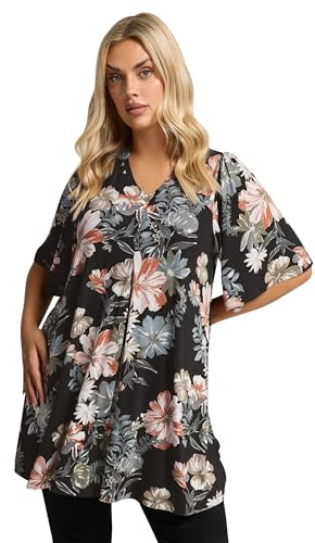 Yours Curve Black & Floral Print Pleat Front Top - Women's - Plus Size Curve