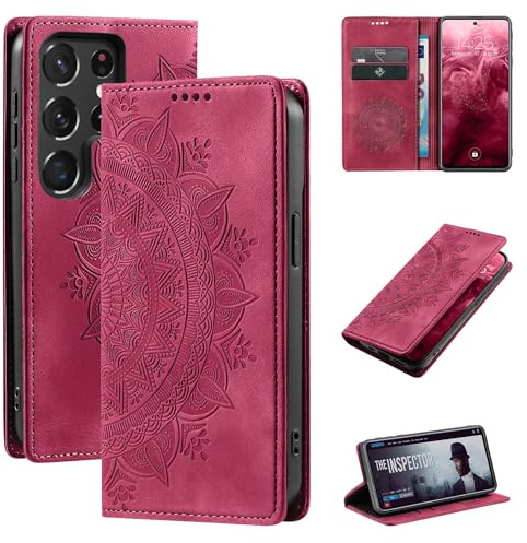 LBH Handyhülle für Samsung Galaxy S22 Ultra Mandala Klapphülle RFID Schutz Kartenfächer Geldfach Design Cover Case Flipcase Magenta Rot