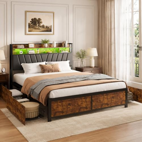 OLIVIBED Doppelbett 140x200 cm, Polsterbett aus Metall mit Lattenrost und Kopfteil, Stauraumbett für Schlafzimmer, Vintage Braun und Schwarz, PU, Ohne Matratze