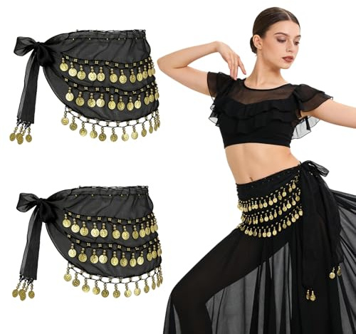 GYIOFAI 2 Stück Schwarz Damen Bauchtanz Gürtel,145 cm Lang Bauchtanz Tuch,Gürtel Rock Belly Dance Tanztuch für Aufführungen Partys Orientalischen Lateinamerikanische Tänze