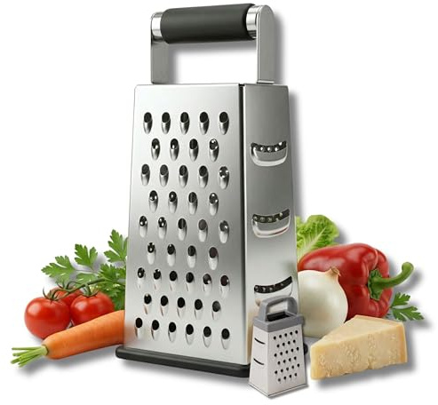 ELEGANCIO Edelstahl 4in1 Vierkantreibe rutschhemmend 25 x 11,2 cm + Mini Käsereibe GRATIS 4-seitige scharfe Küchenreibe ideal als Kartoffelreibe Gemüsehobel Multireibe (silber groß/grau Mini)