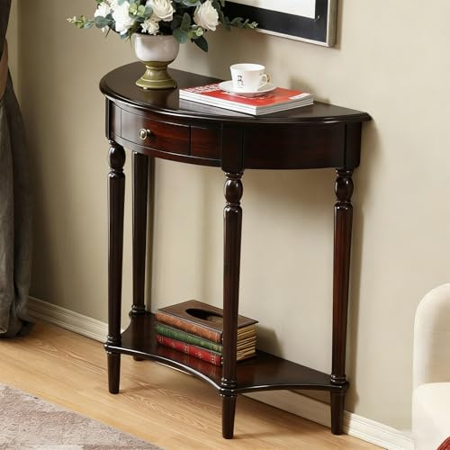 wihgony Table Console Demi-Lune à 2 Niveaux avec Tiroir, Table d’Entrée en Bois Massif avec Pieds Courbés et Base Élevée pour Couloir, Salon et Foyer(Black Walnut,31.5x13.8x31.5 in)