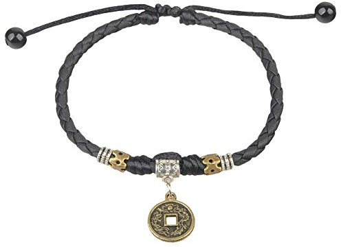 Bracelet cheville femme en cuir tressé noir, réglable, orné d'une pièce de monnaie antique chinoise en laiton