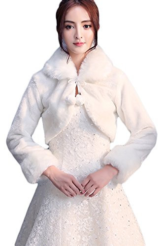 Icegrey Damen Kunstpelz Brautjacke Hochzeit Braut Bolero Mit Pom Poms Balls Brautzusatz Schal Cape Für Abend Partei Brautjungfern Elfenbein Weiß