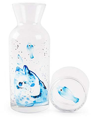 Anemoss Marine Collection Sea Bream Nachttischkaraffe mit Tasse, Glaskrug für kalte Getränke, Wasserkaraffe mit Trinkbecher, Saftkaraffe, Fisch-Muster, 500 ml