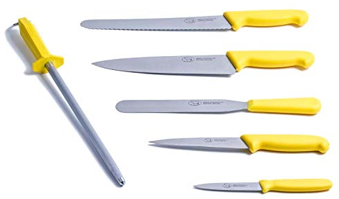 THE SMITHFIELD ‘Samprene’ 6-Piece Chef Knife Set – High-Carbon Stainless Steel Blades with Ergonomic Soft-Grip Handles – Includes Essential Knives, Serrated Slicer & Sharpening Steel - Yellow Handle