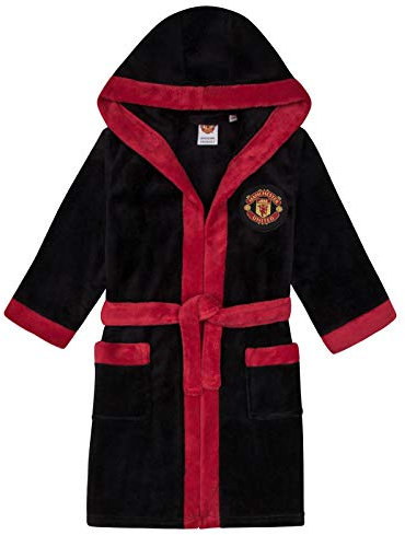 Manchester United FC - Jungen Fleece-Bademantel mit Kapuze - Offizielles Merchandise - Geschenk für Fußballfans - Schwarz - 13-14 Jahre
