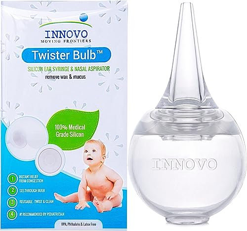 Innovo Siringa per orecchie e aspiratore nasale, in silicone di grado ospedaliero, succhia moccio e muco, siringa per orecchie con bulbo nasale, pulibile e riutilizzabile bianco trasparente