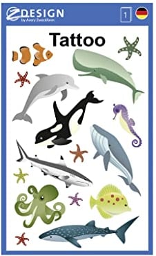 AVERY Zweckform 16 Tattoos Kinder Meerestiere (Temporäre Tattoos Fische, wasserfeste Kindertattoos, hautfreundliche Klebetattoos, Aufkleber für Jungen Mädchen Mitgebsel Kindergeburtstag Party) 56765