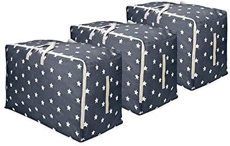 Vinsani 3pcs Clothes Storage Bags Organizer Large Capacity 105L Double Zipper, Moisture-Proof Underbed Storage Perfect Space for Clothes, Toys, Beddings, Blankets and Duvet – Navy Blue Star
