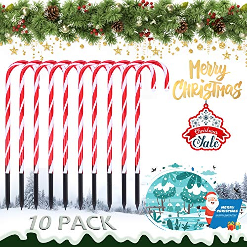 BYNYXI Weihnachten Zuckerstangen LED, 10 Stück Gartenstäbe Zuckerstange Candy Cane Lights Lichterkette mit Erdspieß Wasserdicht Gartenleuchtstäbe Weihnachten für Außen Innen Garten, Höch 53cm