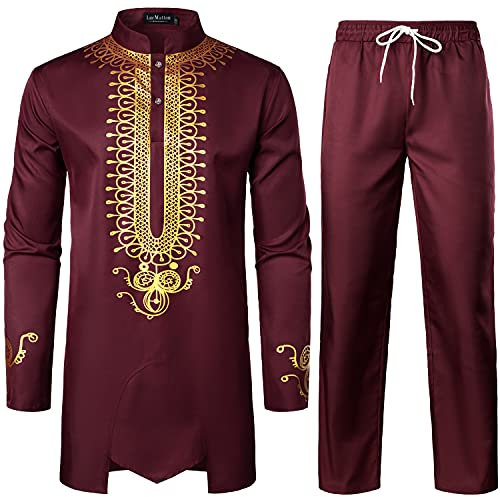 LucMatton – Tenue 2 pièces pour homme, tunique traditionnelle à motif doré et pantalon, costume ethnique, bordeaux, Small