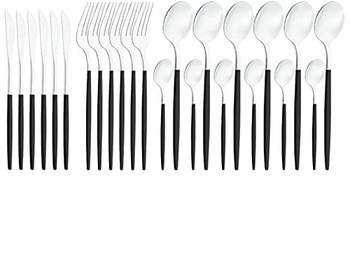 Bswefty 24pcs Posate da Tavolo in Acciaio Inox Argento Acciaio Inossidabile Custodia da Custodia da Cucina Set da tappetini Set da tappezzeria Set di Posate a coltelleria (Color : Silver Black)