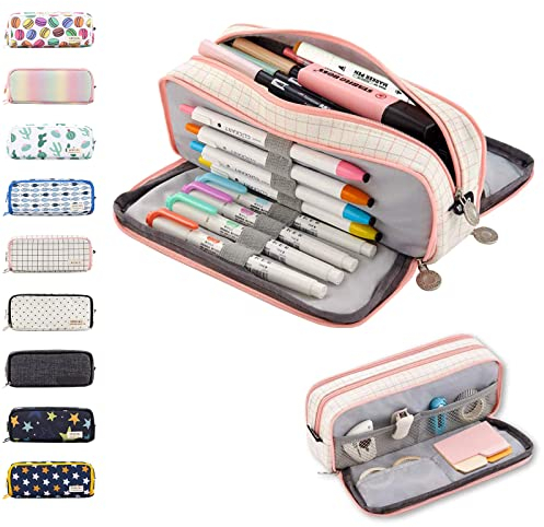 Federmäppchen Federtaschen Teenager Mädchen Mäppchen Federmäppchen mit 3 Fächer Große Kapazität Mäppchen Bleistifttasche für Schule & Büro - Rosa-Weiß Kariert ( Nur EIN Federmäppchen, kein Stift )