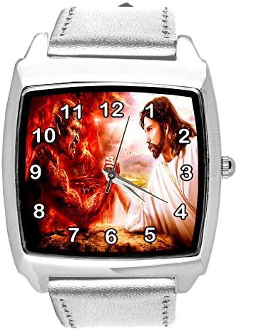 Armbanduhr, Leder, quadratisch, Teufel vs. Jesus, silberfarben