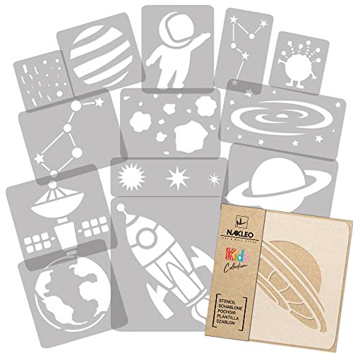 NAKLEO Wiederverwendbare Kunststoff Schablonen Malen Kinder, 14 Stück Set 9x12 bis 23x34cm Kosmos Galaxie, Kinderzimmer Malvorlage Raumdekoration, Basteln DIY Wand Möbel