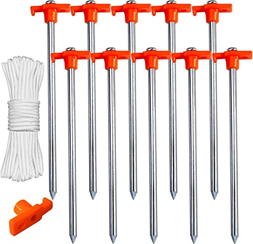 KAHEIGN 10Pcs Metal Tent Pegs, 25CM Galvanized Non-Rust Tent Peg Camping Tent Stakes Heavy Duty Bivvy Pegs for Camping Trip Hiking Traveling Gardening Tarp - with 4Pcs 3m Ropes