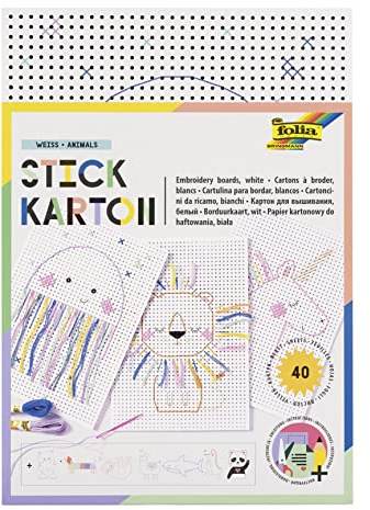folia 2324 - Stickkarton Mix Bunt Animals, 300g / m², bunt bedruckt, 17,5 x 24,5 cm, 40 Blatt, 8 Motive - ideal für Stickübungen