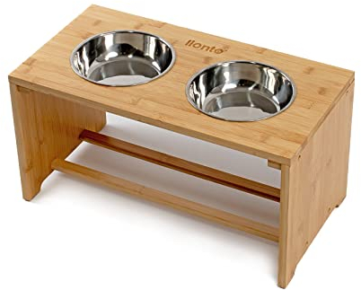 lionto Gamelle surélevée pour Chien en Bambou Robuste et Facile à Entretenir, 50x26x26 cm, Double écuelle pour Chiens et Chats, 2 Bols INOX Ø 18 cm, 1,2 l chacun, antidérapante