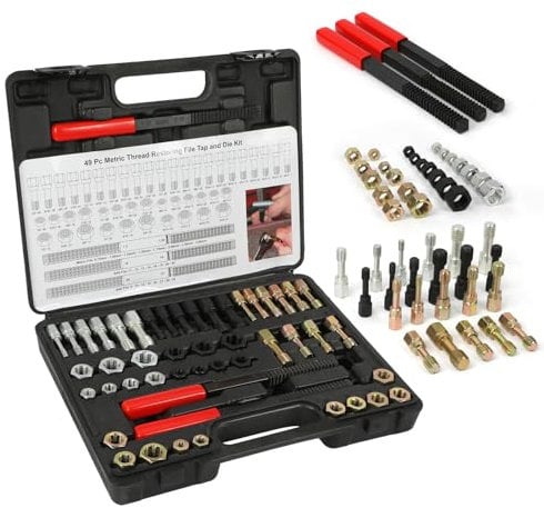 BELEY 48PCS Threaded Metric Blades Repair Kit Thread Chaser Set Rethread Repair Tool 3 Thread Repair Sizes in UNC, UNF and Metric 24PCS Rethreading Dies, 22PCS Rethreading Taps & 2 SAE Thread Files