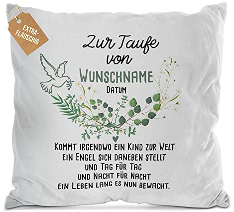 PR Print Royal Flauschiges Kissen zur Taufe mit Name & Datum - Kommt EIN Kind zur Welt - Geschenke zur Taufe, personalisierte Taufgeschenke Patenkind | inkl. Kissenfüllung, Weiß, 40 x 40 cm