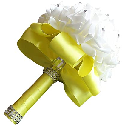 Caziffer Brautstrauß, Hochzeit, künstlicher Rosenstrauß, Blumen mit Band, Perlen, Strass, 18 x 24 cm, gelb, One size