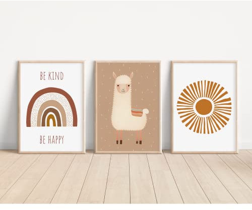 MeinBaby123® Poster Kinderzimmer | 3er Set DIN A4 | Wandbilder | Kinderzimmer Poster | Deko Bilder Kinderzimmer | Babyzimmer Deko | Geschenk zur Geburt | Wandposter Premium (Alpaka & Sonne A4)
