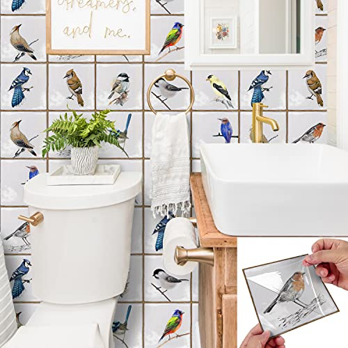 Alwayspon 10Pcs 15cm/6inch Retro White Tile and Birds Tile Sticker, 0.6mm Thicken Peel & stick Self-adhesive Splashback Fireplace Stairs Tile Sticker Transfers, Stick on Tile for Kitchen Bathroom Wall