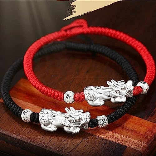 Reichtumsarmband, 999 Sterling Silber Armband Feng Shui Pixiu Reichtumsarmband Rote Schnur Armband for Frauen Männer Glücksperlen Armband Pi Yao Abwehr böser Geister Talisman for Geld Glück, Schwarz