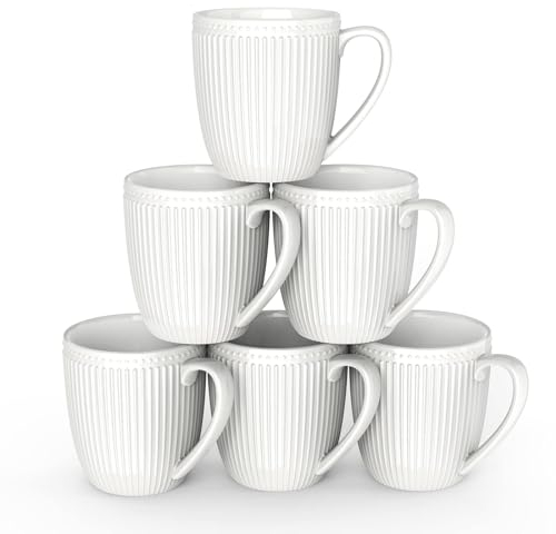 HomeElves Lot de 6 tasses à café blanches de 473,6 g, grandes tasses en céramique, faciles à saisir, ensemble de tasses à café en relief pour café, blanc