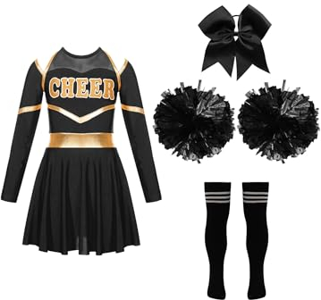 JanJean Kinder Cheer Leader Kostüm Mädchen Langarm Cheerleading Uniform Schulterfrei Kleid mit Pompoms/Harrband Schulmädchen Tanzkleid Halloween Cheerleading Outfits X Schwarz 158-164