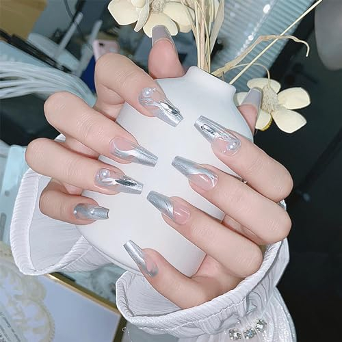 Press on Nails Long Coffin Silver False Nails Glitter Diamond Full Cover Nail Tips, French Tip False Nails, Pearl Queen Stick on Nails Cool Artificial Gel Nails for Women