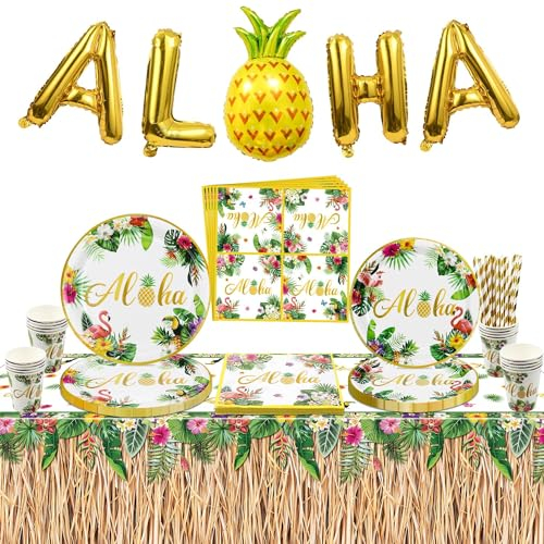 Decoraciones De Fiesta Luau, Decoraciones De Fiesta Hawaiana, Suministros De Fiesta Aloha Con Platos De Papel, Mantel De Falda De Hierba, Servilletas, Vasos De Papel, Globo Aloha Para Fiesta De Playa