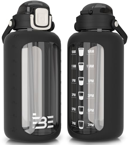 Be-Active Bouteille d'eau en verre de 2,2 litres avec temps de boisson – Verre borosilicate – Bouteilles motivantes – Sans BPA (noir)