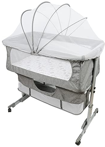 Babybett Cododo, 3-in-1-Bett mit Matratze und Moskitonetz, Höhenverstellung, Mobile Babywiege für Neugeborene/Säugling, Calidoo mit Aufbewahrungskorb (92 x 58 x 70-90 cm, Dunkelgrau)