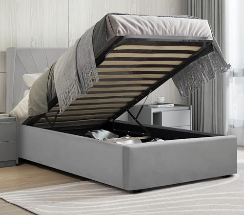 Upholstered Ottoman Bed Single Bed Frame UKFR Velvet Grey Ottoman Storage Bed With Gas Lift End Opening Wooden Slats With Storage Bed (3ft Single 90 x 190, No Mattress)