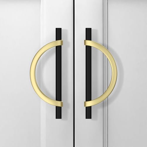 9BUILD 6 Pack 128mm Gold and Black Cabinet Handles Semi-Circular Kitchen Cupboard Handles Half Moon Drawer Handles Zinc Alloy Kitchen Handles Wardrobe Handles UK0047