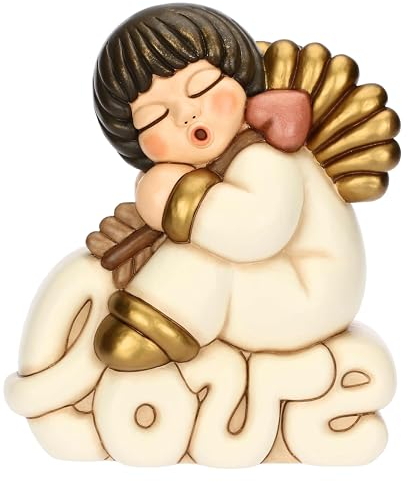 THUN, Angelo Amore su Scritta Love in Ceramica Decorata a Mano, Linea Angel Love, 25.3 x 15.7 x 30 cm h