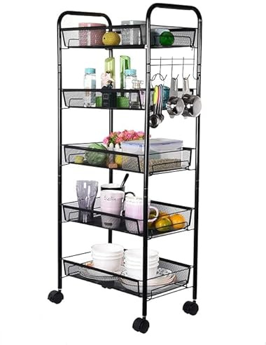 4 & 5 Tier Rolling Kitchen Cart with Removable Baskets & Hooks For Kitchen Utensils, Sturdy Design on Wheels (5 Tier)