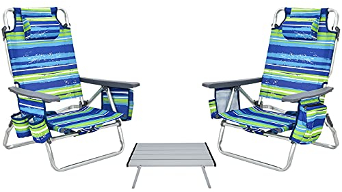 GOPLUS Strandstuhl, 2er Campingstuhl & Tisch Set mit Rückenlehne 5 stufig verstellbar, Kopfstütze & Armlehnen, Klappstuhl Faltstuhl leicht tragbar mit Schultergurten für Strand (Blau+Grün)