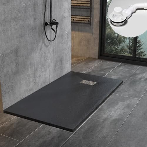 WITEN&NOCK SMC Duschwanne 160x80cm schwarz Brausewanne Duschtasse 3,2cm extra flache Steinoptik Antirutsch inkl. Edelstahl Abdeckung und Ablaufgarnitur Ø90mm Siphon